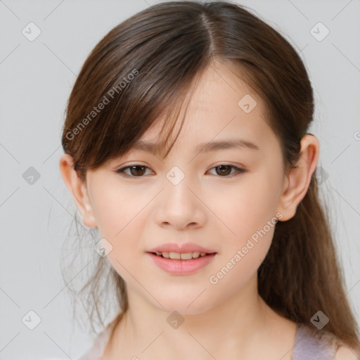 Joyful white child female with medium  brown hair and brown eyes