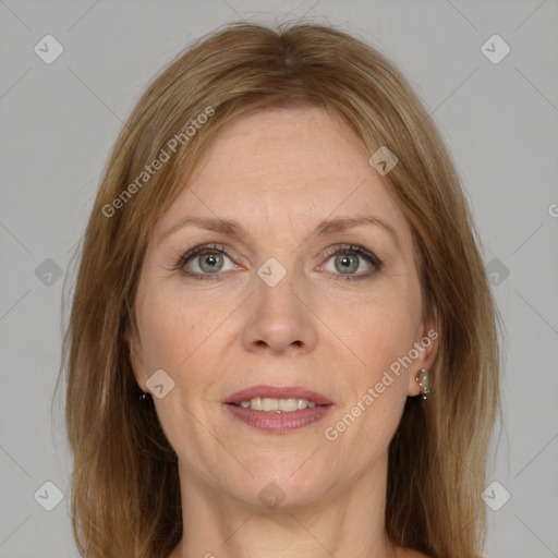 Joyful white adult female with medium  brown hair and grey eyes