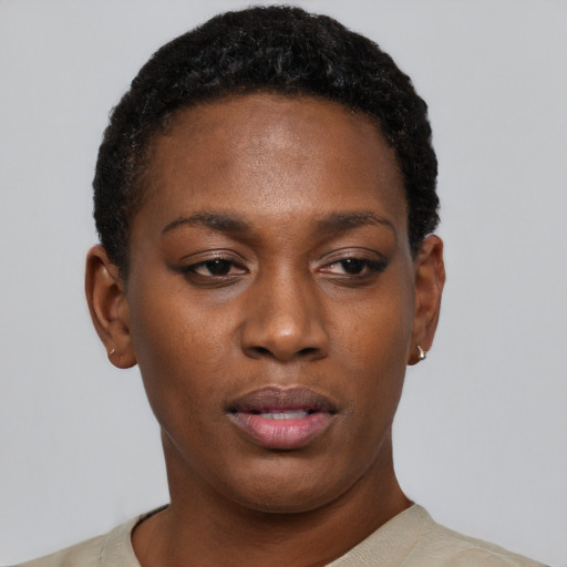 Neutral black young-adult female with short  black hair and brown eyes