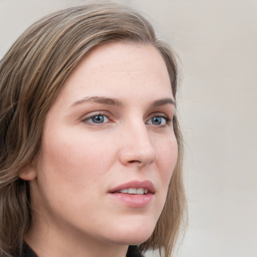 Neutral white young-adult female with long  brown hair and grey eyes