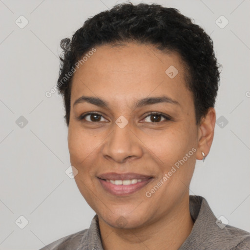 Joyful latino young-adult female with short  black hair and brown eyes