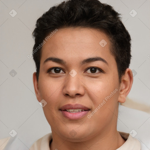 Joyful white young-adult female with short  brown hair and brown eyes