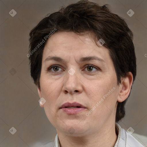 Neutral white adult female with short  brown hair and brown eyes