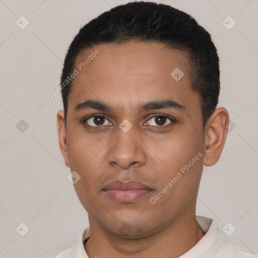 Neutral latino young-adult male with short  black hair and brown eyes