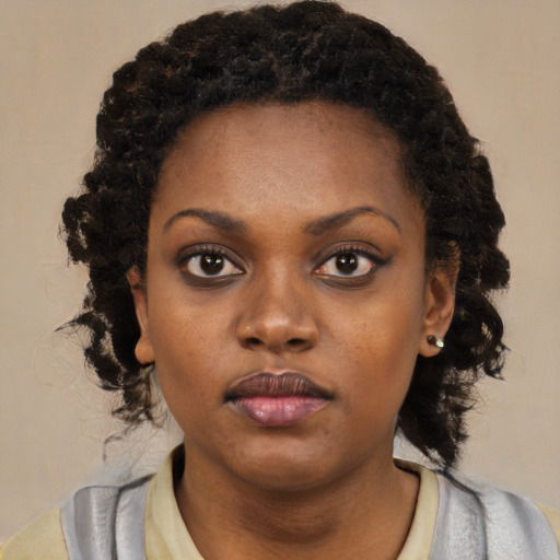 Neutral black young-adult female with medium  black hair and brown eyes