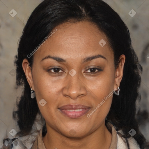 Joyful black adult female with medium  brown hair and brown eyes