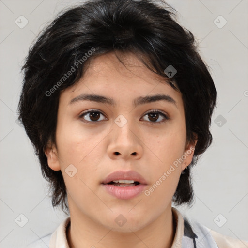 Neutral asian young-adult female with medium  brown hair and brown eyes