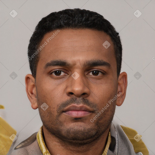 Neutral latino young-adult male with short  black hair and brown eyes