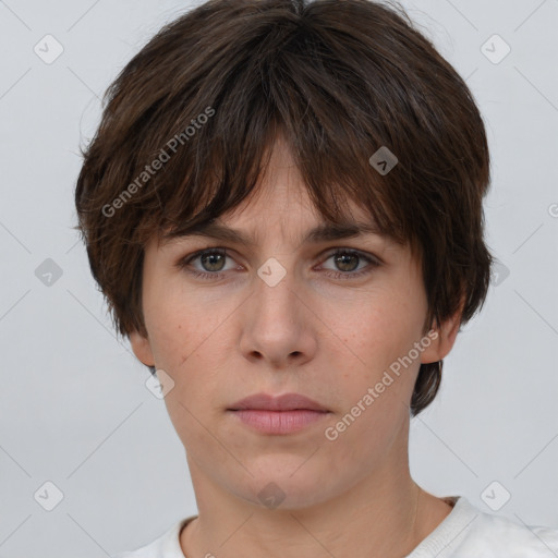 Neutral white young-adult female with short  brown hair and brown eyes