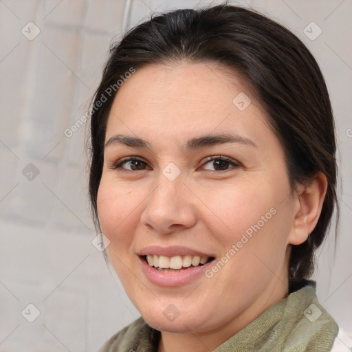 Joyful white young-adult female with medium  brown hair and brown eyes