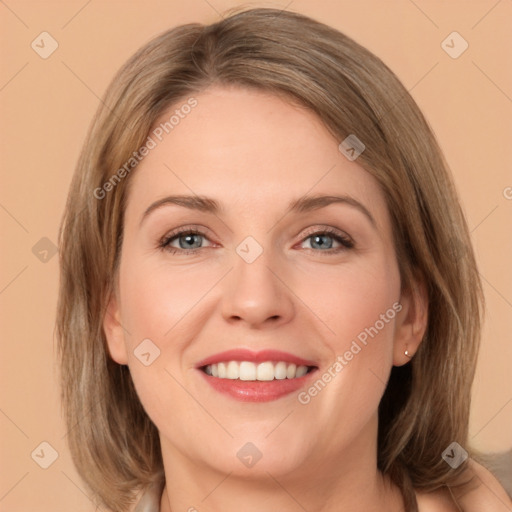 Joyful white young-adult female with medium  brown hair and grey eyes