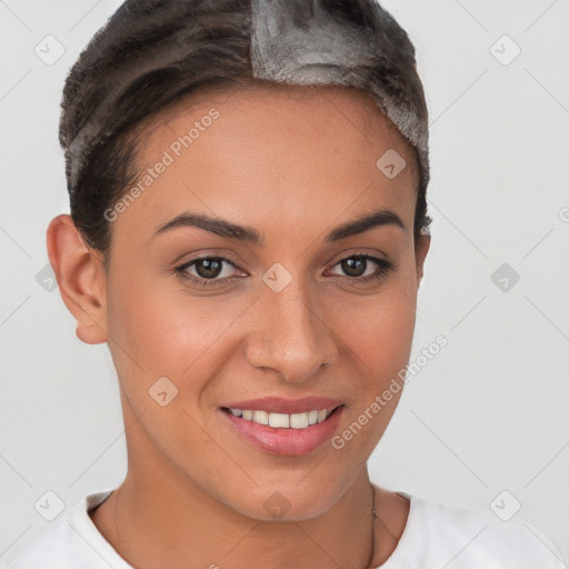 Joyful white young-adult female with short  brown hair and brown eyes