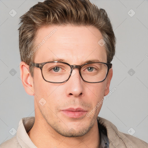 Neutral white adult male with short  brown hair and brown eyes