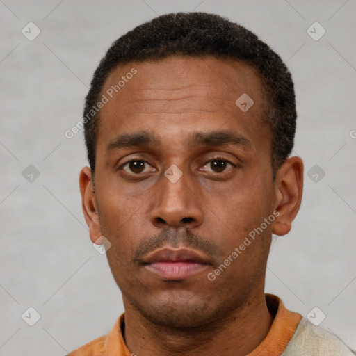 Neutral latino adult male with short  black hair and brown eyes