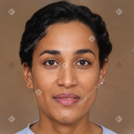 Joyful latino young-adult female with short  brown hair and brown eyes