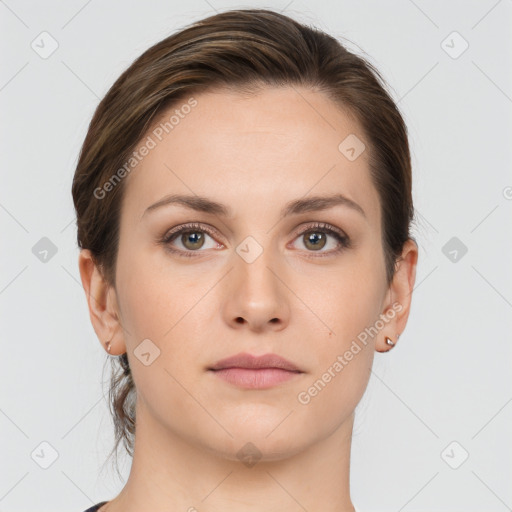 Neutral white young-adult female with medium  brown hair and brown eyes