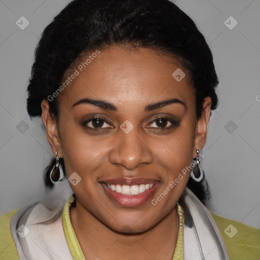 Joyful latino young-adult female with short  black hair and brown eyes