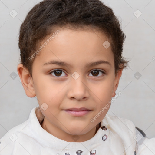 Joyful white child female with short  brown hair and brown eyes