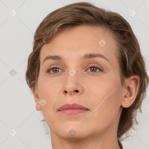 Neutral white young-adult female with medium  brown hair and grey eyes