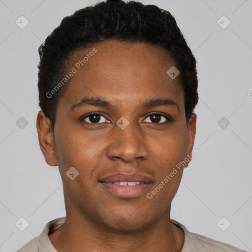 Joyful black young-adult male with short  brown hair and brown eyes