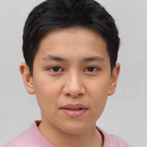 Joyful asian child male with short  brown hair and brown eyes