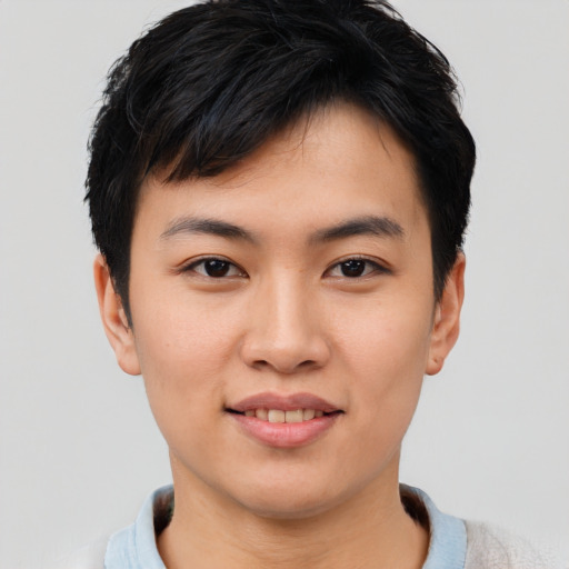 Joyful asian young-adult male with short  black hair and brown eyes