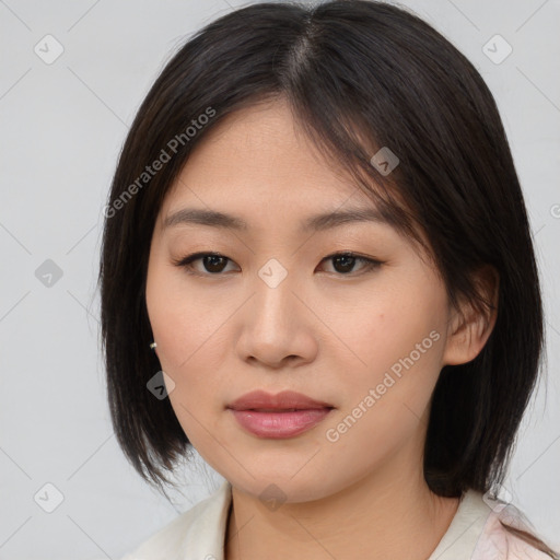 Neutral asian young-adult female with medium  brown hair and brown eyes