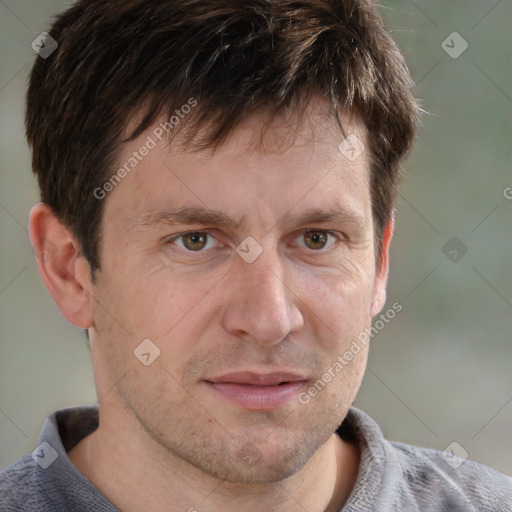 Neutral white adult male with short  brown hair and grey eyes