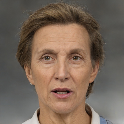 Joyful white middle-aged female with short  brown hair and brown eyes