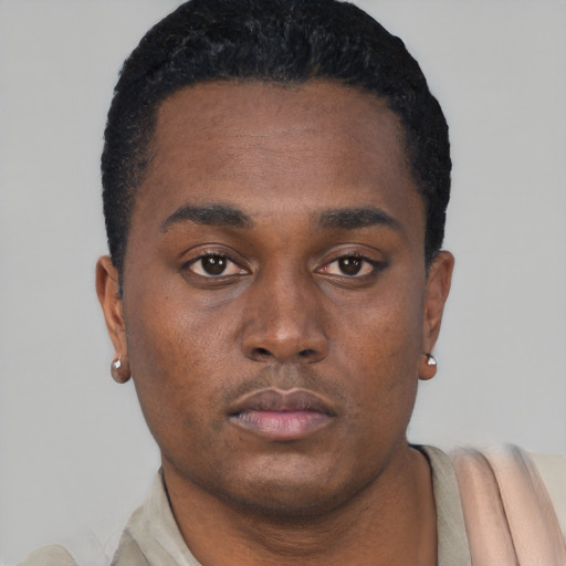 Neutral black young-adult male with short  black hair and brown eyes