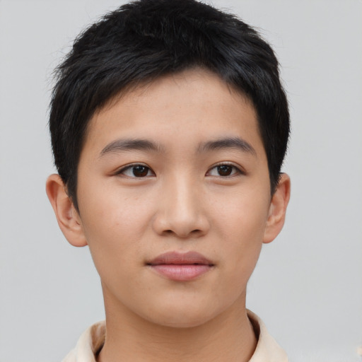 Neutral asian young-adult male with short  brown hair and brown eyes