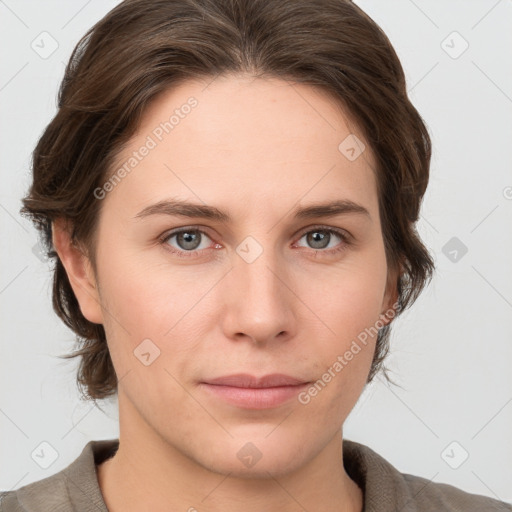 Neutral white young-adult female with medium  brown hair and grey eyes