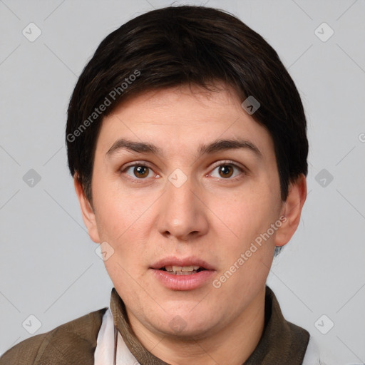 Neutral white adult male with short  brown hair and brown eyes