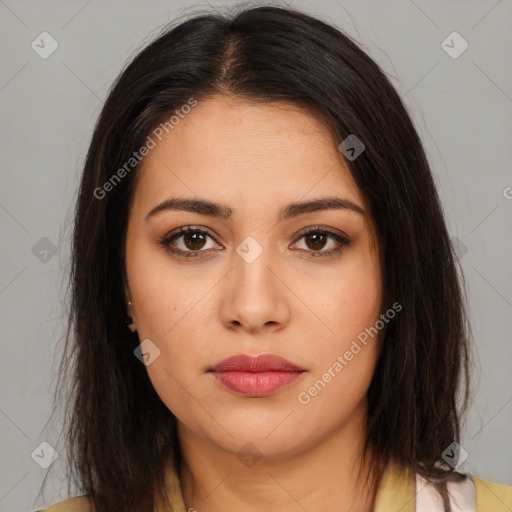 Neutral white young-adult female with medium  brown hair and brown eyes