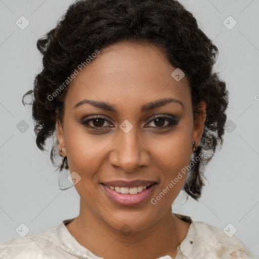 Joyful black young-adult female with medium  brown hair and brown eyes