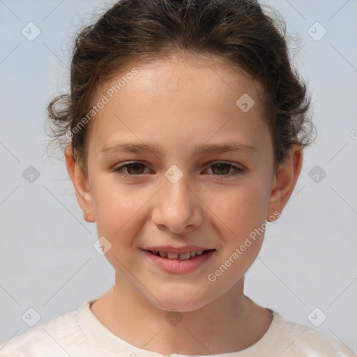 Joyful white child female with short  brown hair and brown eyes