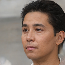 Neutral white adult male with short  black hair and brown eyes