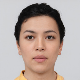 Neutral asian young-adult female with short  brown hair and brown eyes