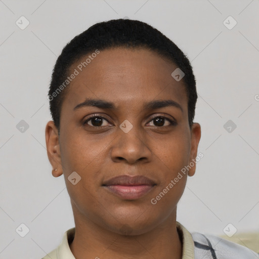 Joyful black young-adult female with short  black hair and brown eyes