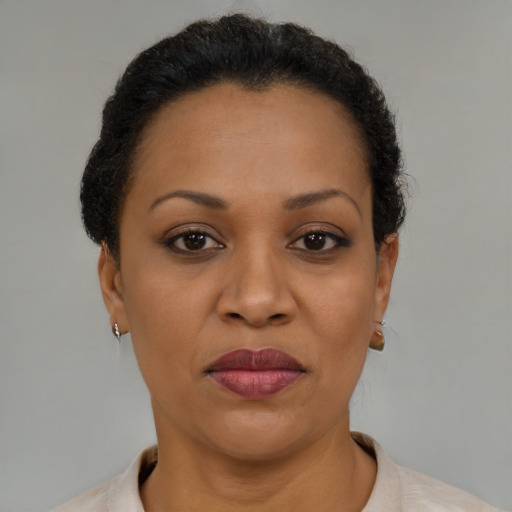 Joyful black adult female with short  brown hair and brown eyes