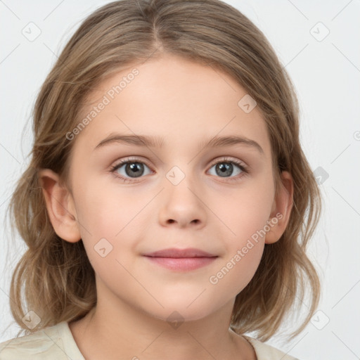 Joyful white child female with medium  brown hair and grey eyes