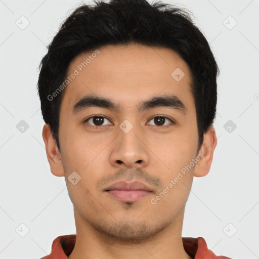 Neutral asian young-adult male with short  black hair and brown eyes