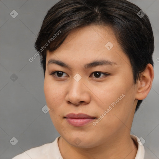 Joyful asian young-adult female with short  brown hair and brown eyes