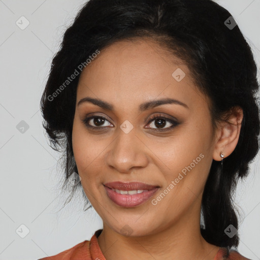 Joyful latino young-adult female with long  brown hair and brown eyes