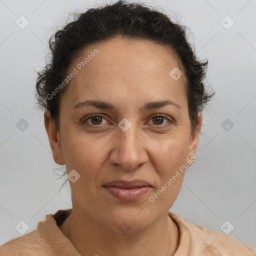 Joyful white adult female with short  brown hair and brown eyes