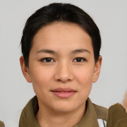 Joyful white young-adult female with medium  brown hair and brown eyes