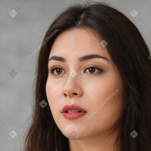 Neutral white young-adult female with long  brown hair and brown eyes