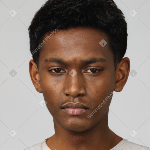 Neutral black young-adult male with short  black hair and brown eyes