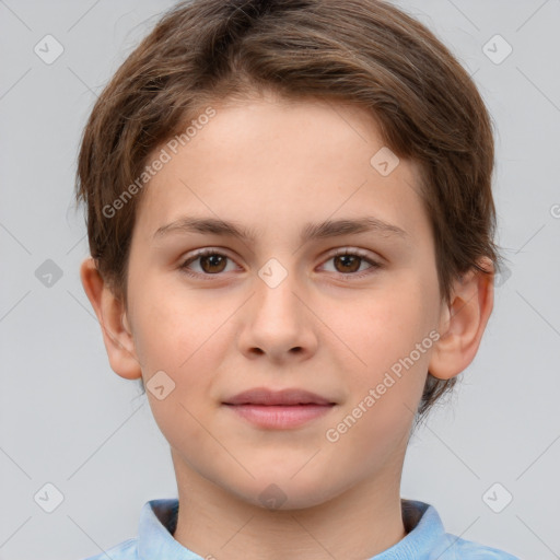 Joyful white child female with short  brown hair and brown eyes