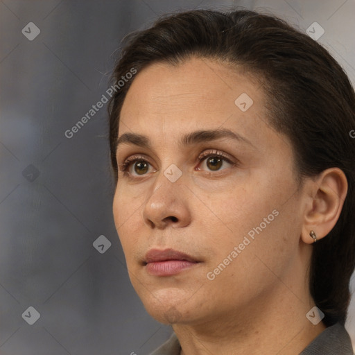 Neutral white adult female with short  brown hair and brown eyes